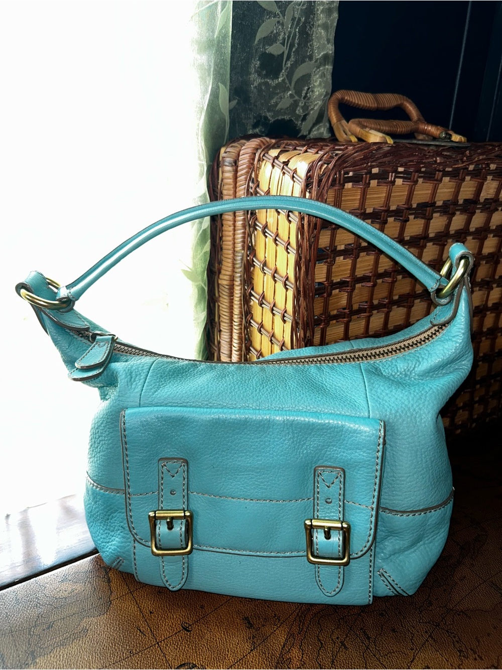 Vintage Fossil Teal Blue Pebbled Leather Shoulder Hobo Bag